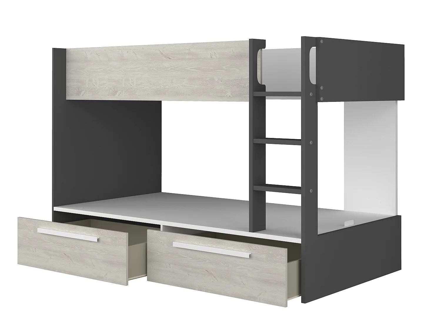 Lits superposés 2 x 90 x 200 cm - 2 tiroirs - Anthracite, naturel et blanc + Matelas - TINOLI