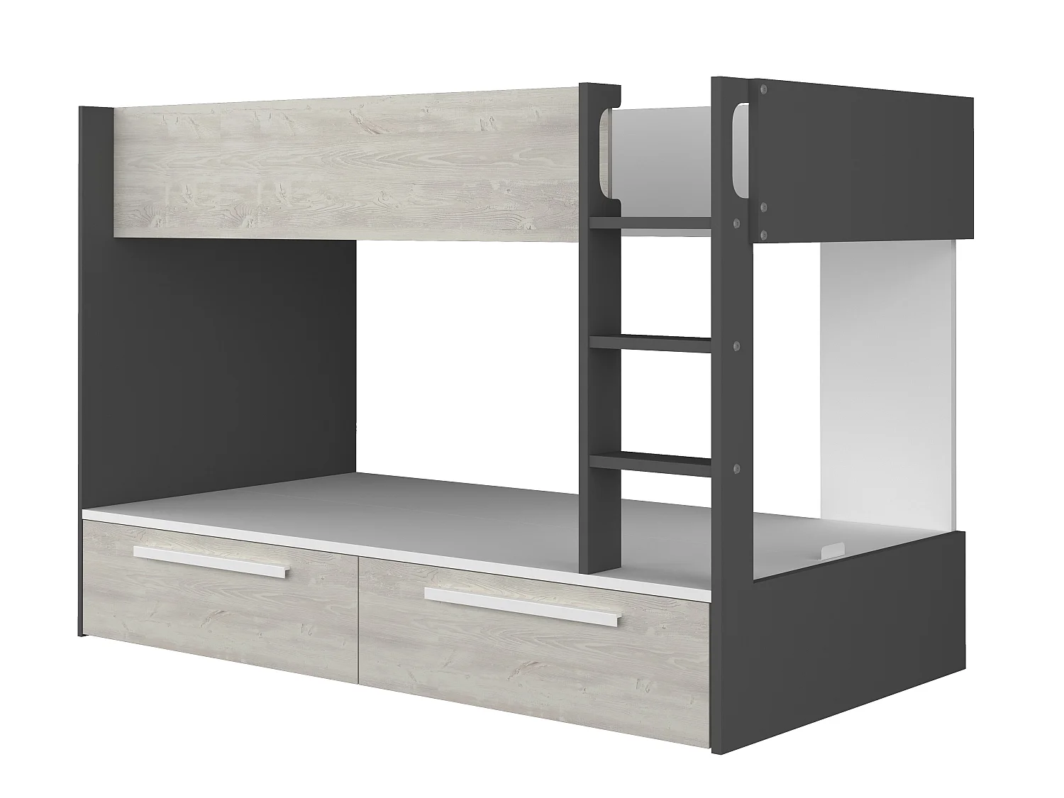 Lits superposés 2 x 90 x 200 cm - 2 tiroirs - Anthracite, naturel et blanc + Matelas - TINOLI