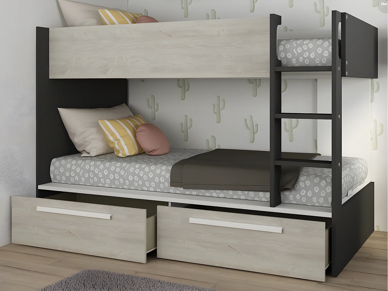 Lits superposés 2 x 90 x 200 cm - 2 tiroirs - Anthracite, naturel et blanc + Matelas - TINOLI