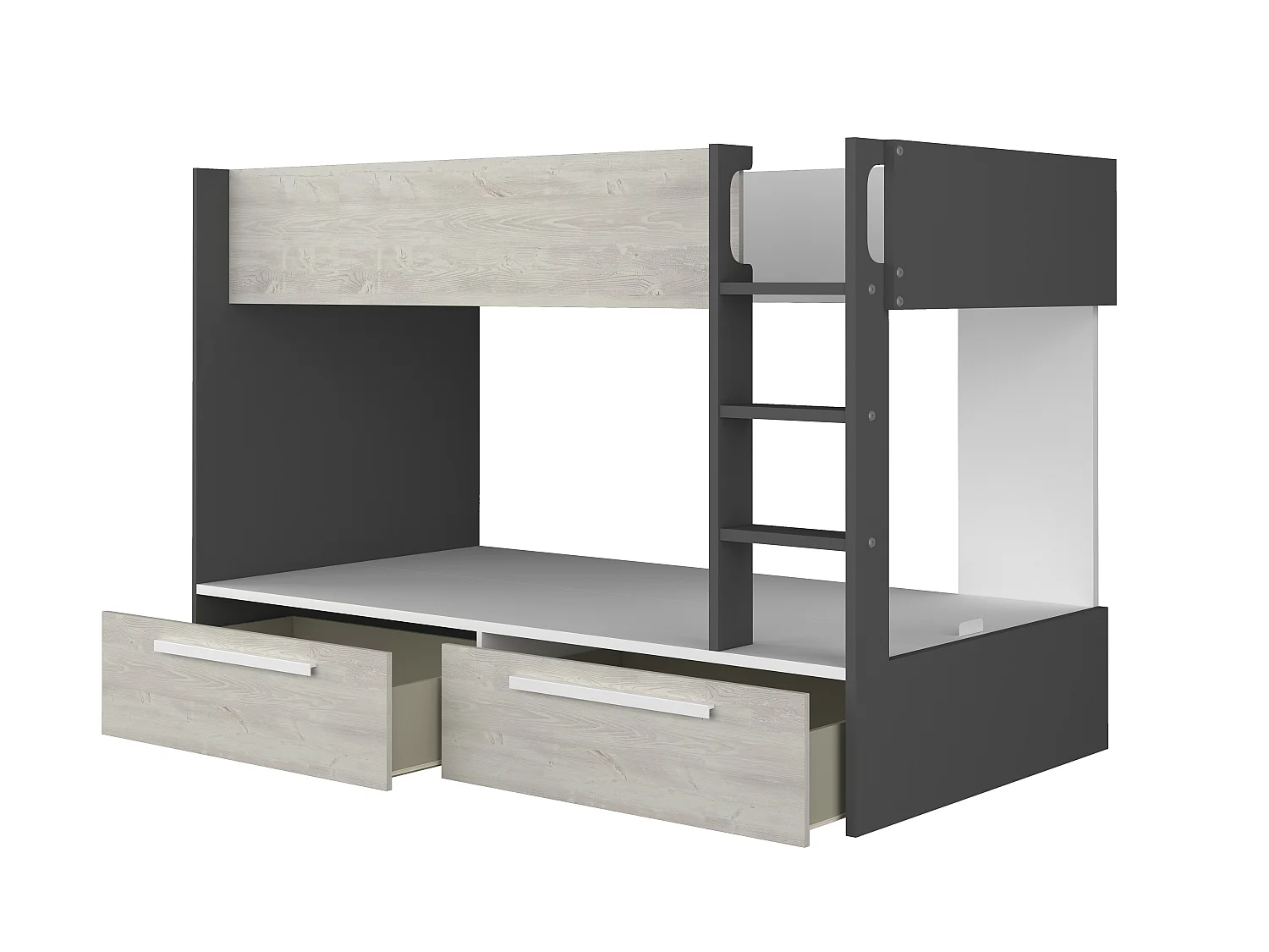 Køyesenger 2 x 90 x 200 cm - 2 skuffer - Antrasitt, naturlig og hvitt + madrass - TINOLI