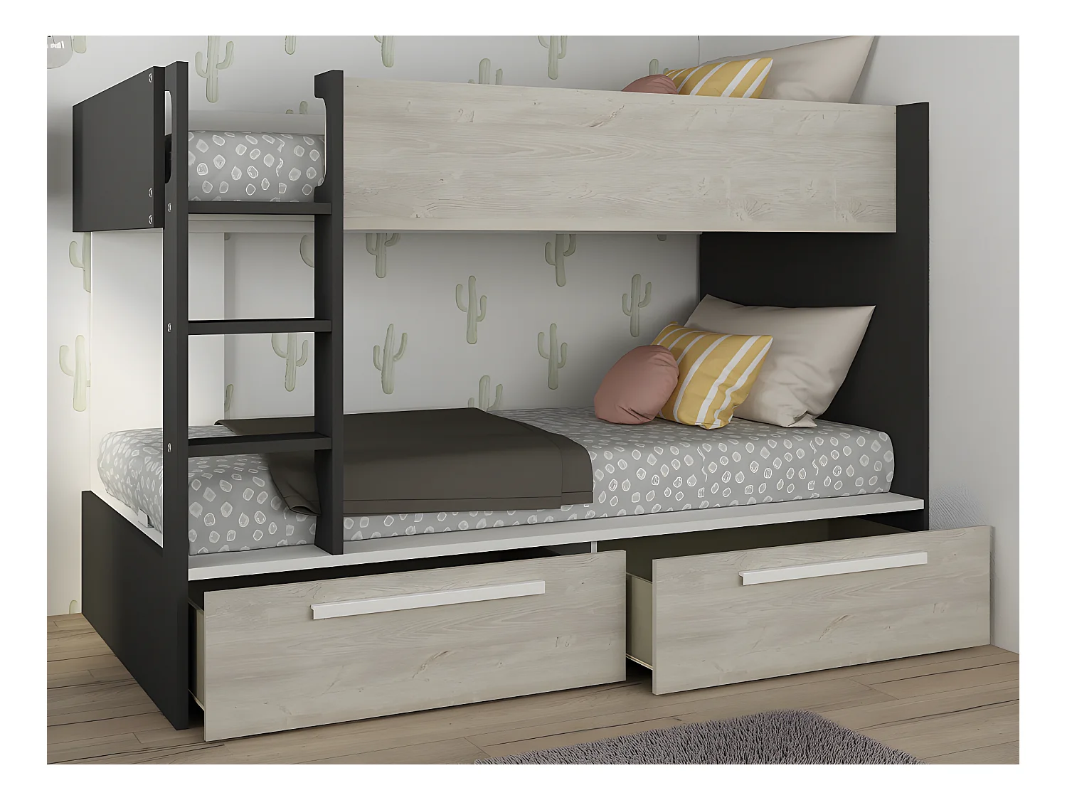 Køyesenger 2 x 90 x 200 cm - 2 skuffer - Antrasitt, naturlig og hvitt + madrass - TINOLI