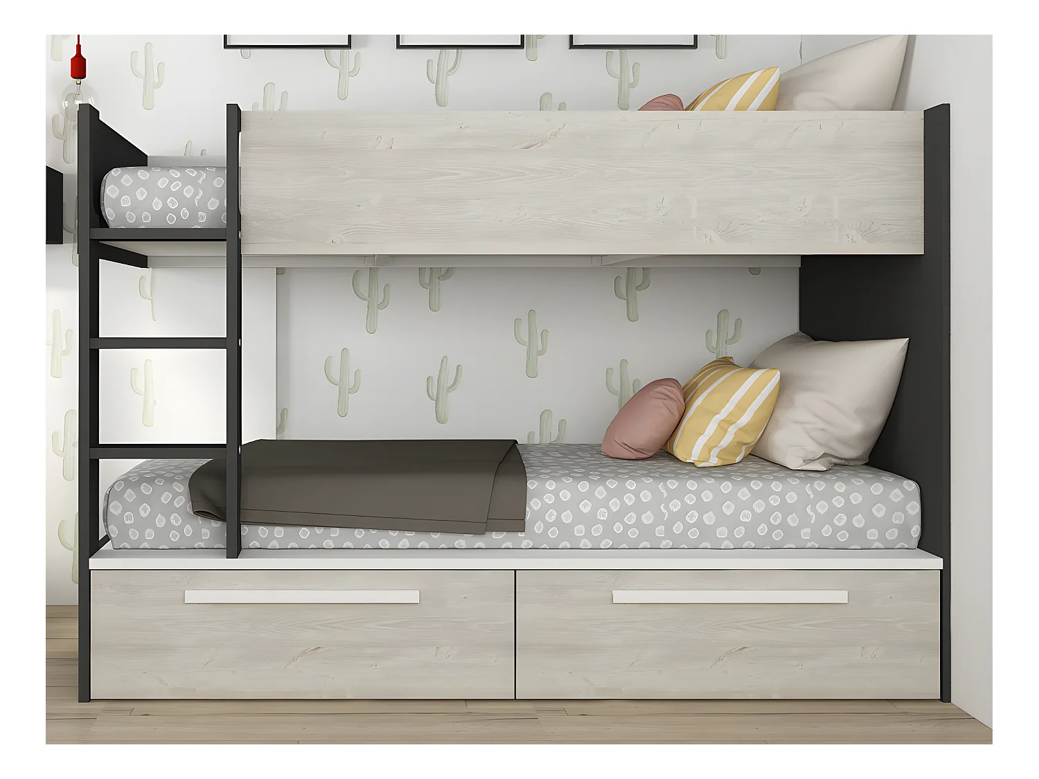 Køyesenger 2 x 90 x 200 cm - 2 skuffer - Antrasitt, naturlig og hvitt + madrass - TINOLI