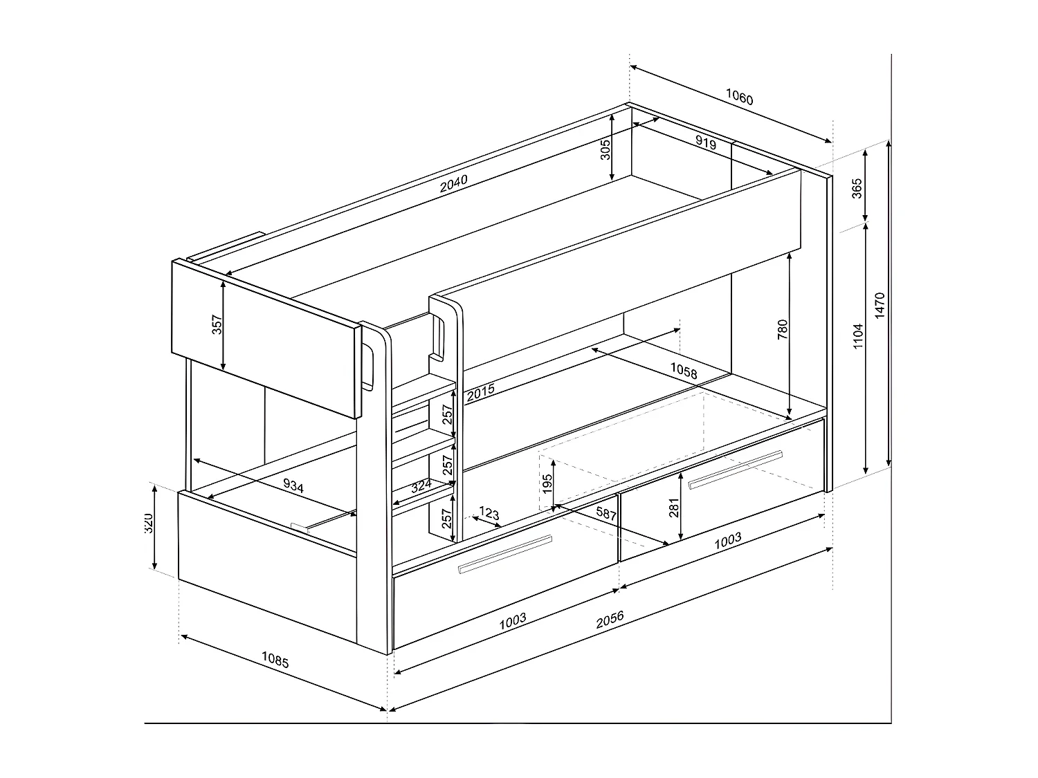 Køyesenger 2 x 90 x 200 cm - 2 skuffer - Antrasitt, naturlig og hvitt + madrass - TINOLI
