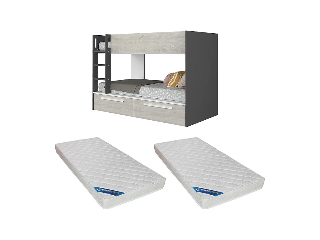 Køyesenger 2 x 90 x 200 cm - 2 skuffer - Antrasitt, naturlig og hvitt + madrass - TINOLI