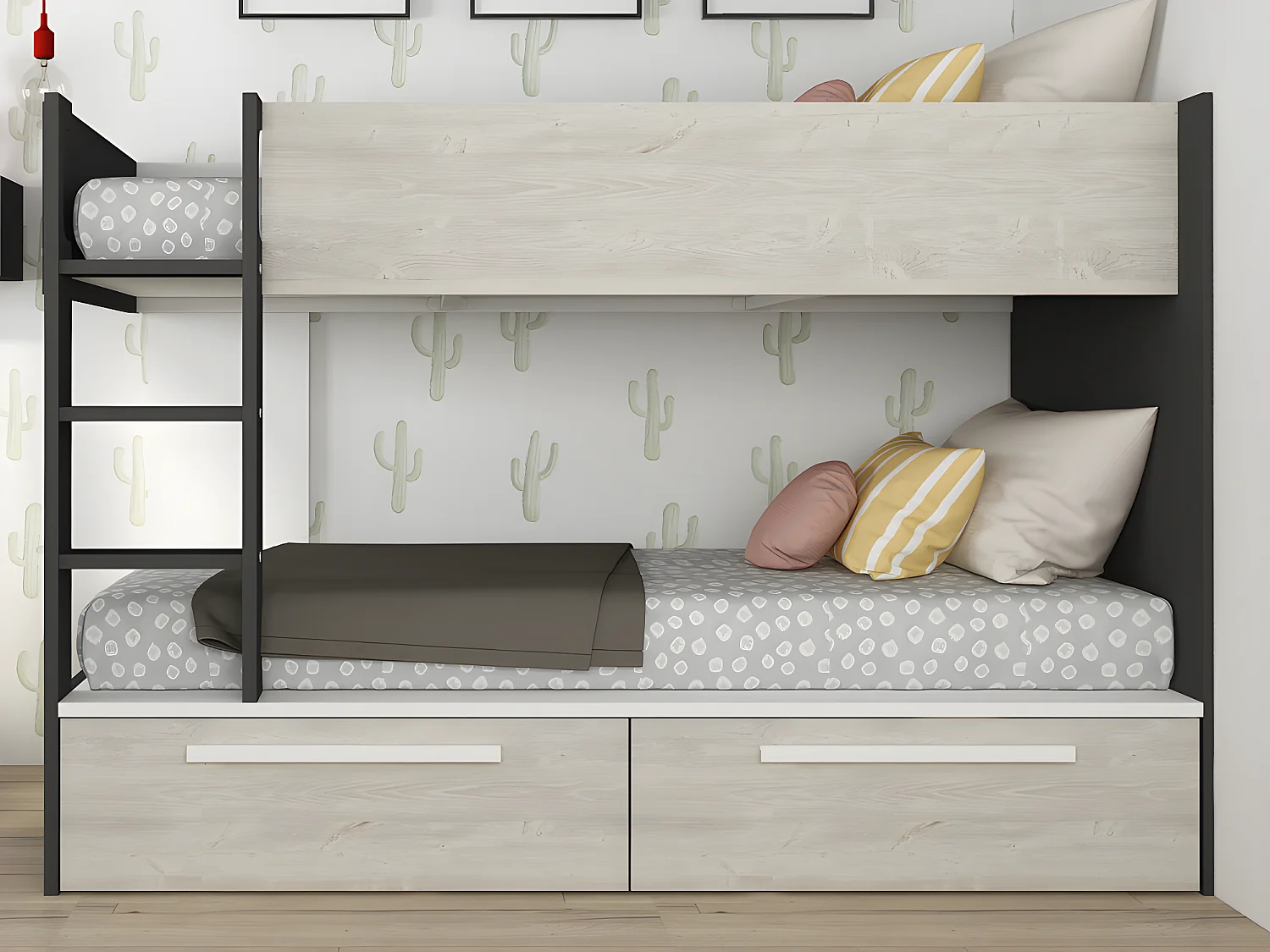 Łóżko piętrowe 2 x 90 x 200 cm - 2 szuflady - Antracytowy, biały i naturalny + Materac - TINOLI