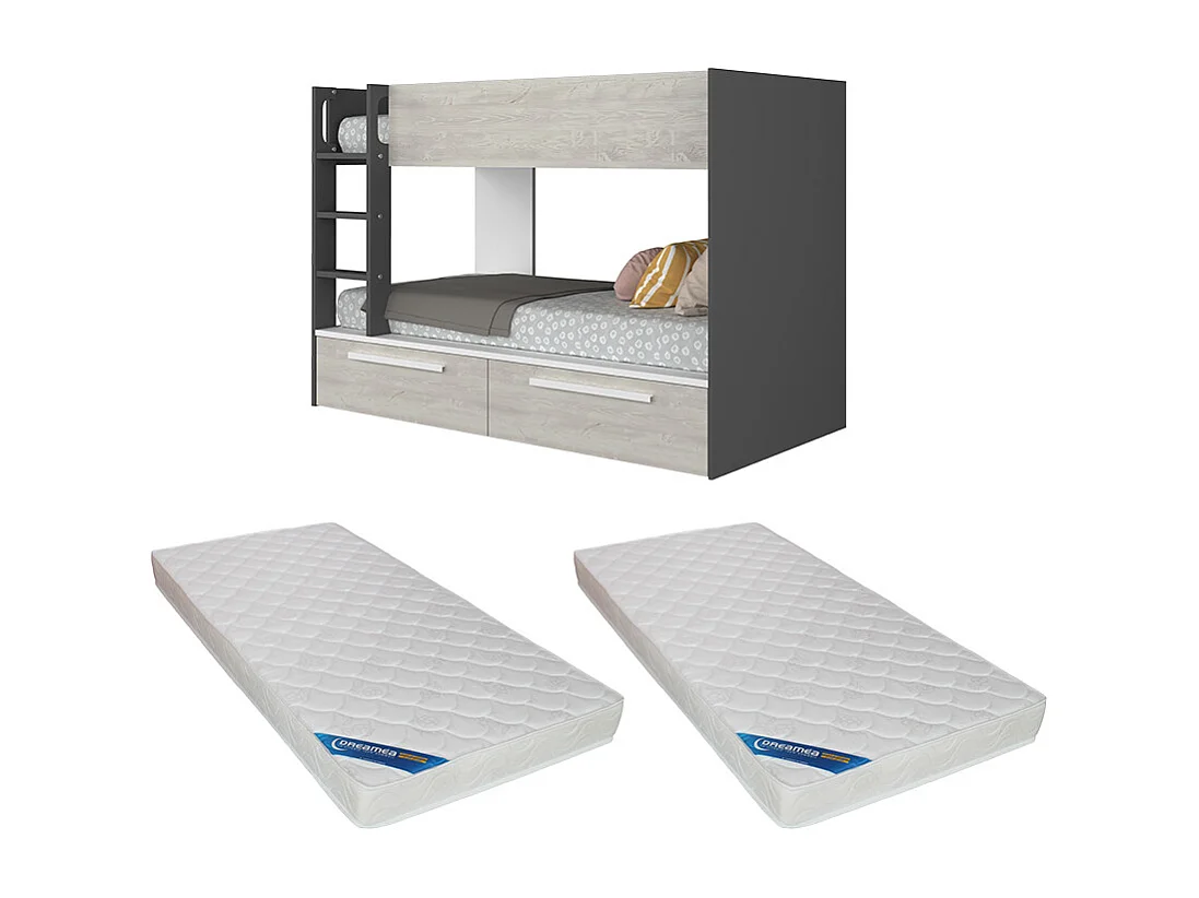 Łóżko piętrowe 2 x 90 x 200 cm - 2 szuflady - Antracytowy, biały i naturalny + Materac - TINOLI