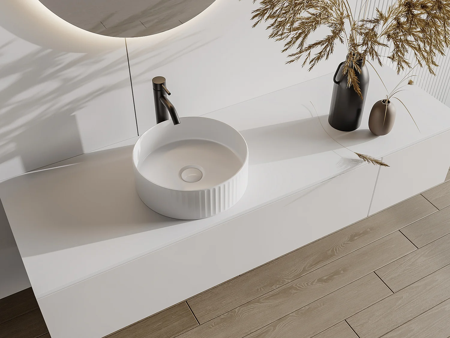 Vasque à poser en céramique striée ronde - Blanc brillant - 36 cm - PEDARA