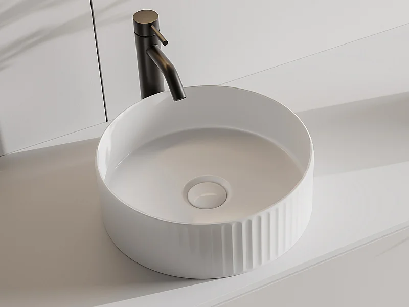 Vasque à poser en céramique striée ronde - Blanc brillant - 36 cm - PEDARA