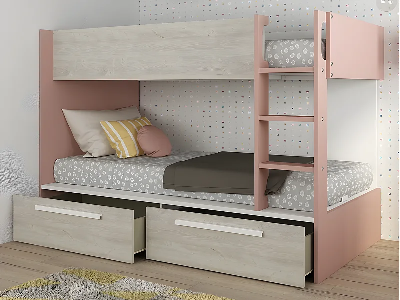 Lits superposés 2 x 90 x 200 cm - 2 tiroirs - Rose, naturel et blanc + Matelas - TINOLI