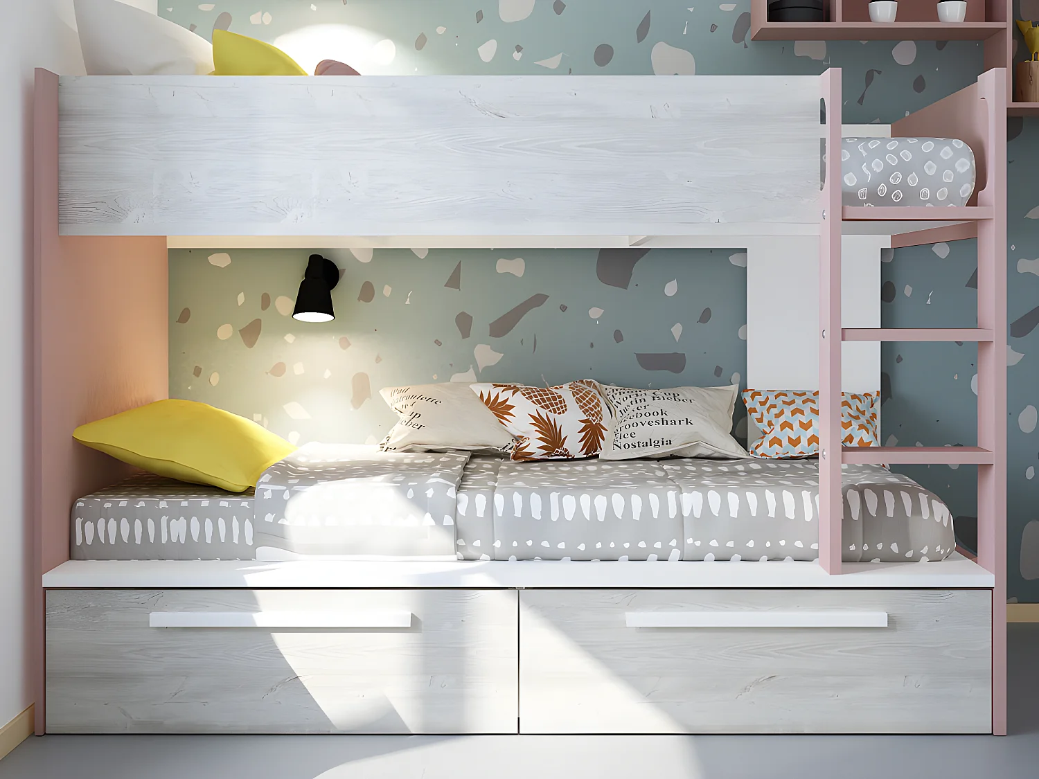 Stapelbed 2 x 90 x 200 cm - 2 lades - Roze, naturel en wit + matrassen - TINOLI