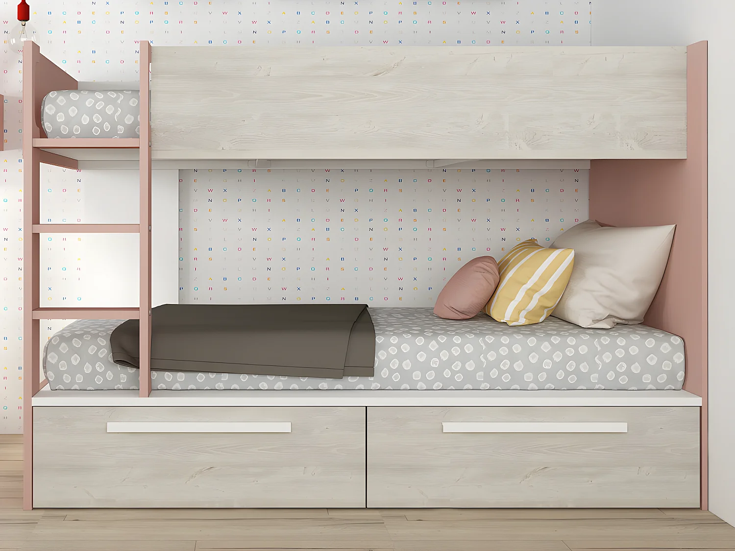 Stapelbed 2 x 90 x 200 cm - 2 lades - Roze, naturel en wit + matrassen - TINOLI