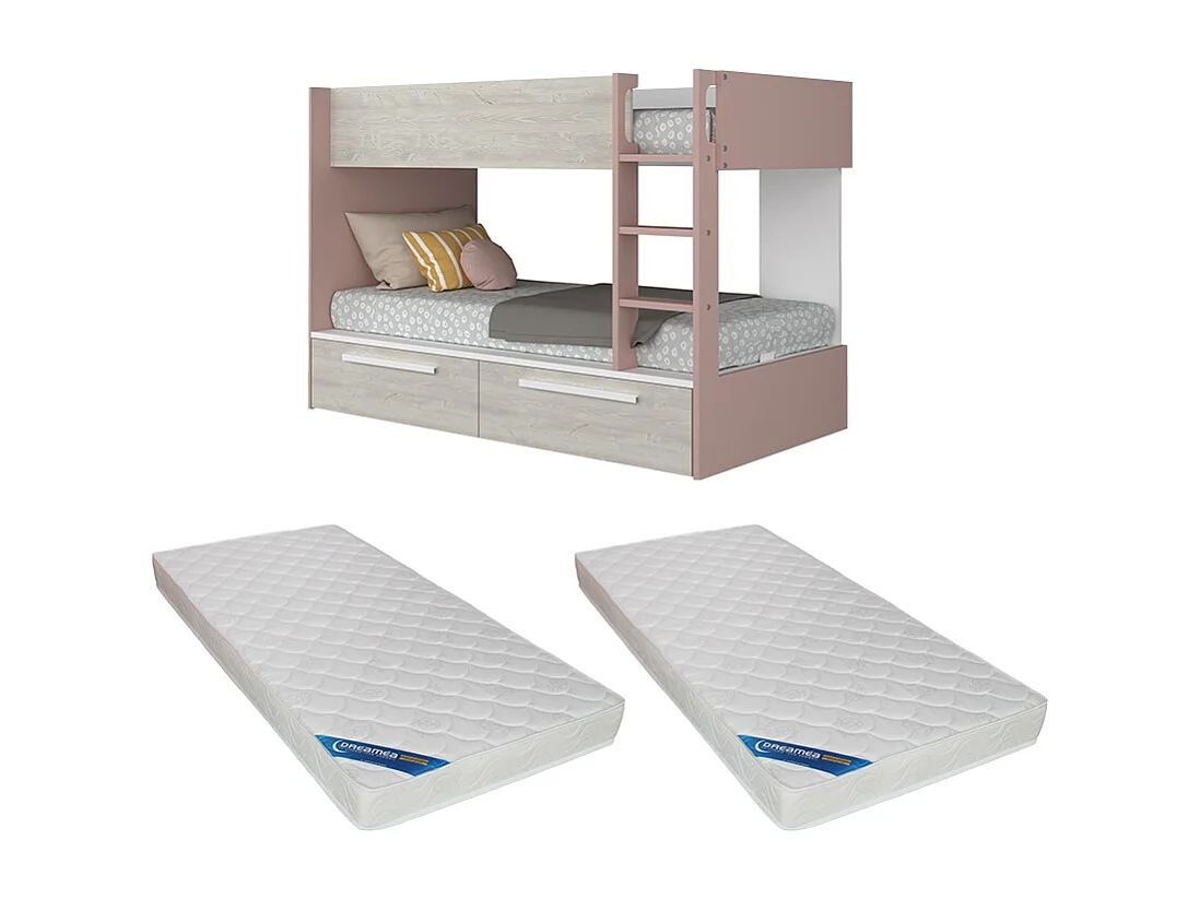 Stapelbed 2 x 90 x 200 cm - 2 lades - Roze, naturel en wit + matrassen - TINOLI