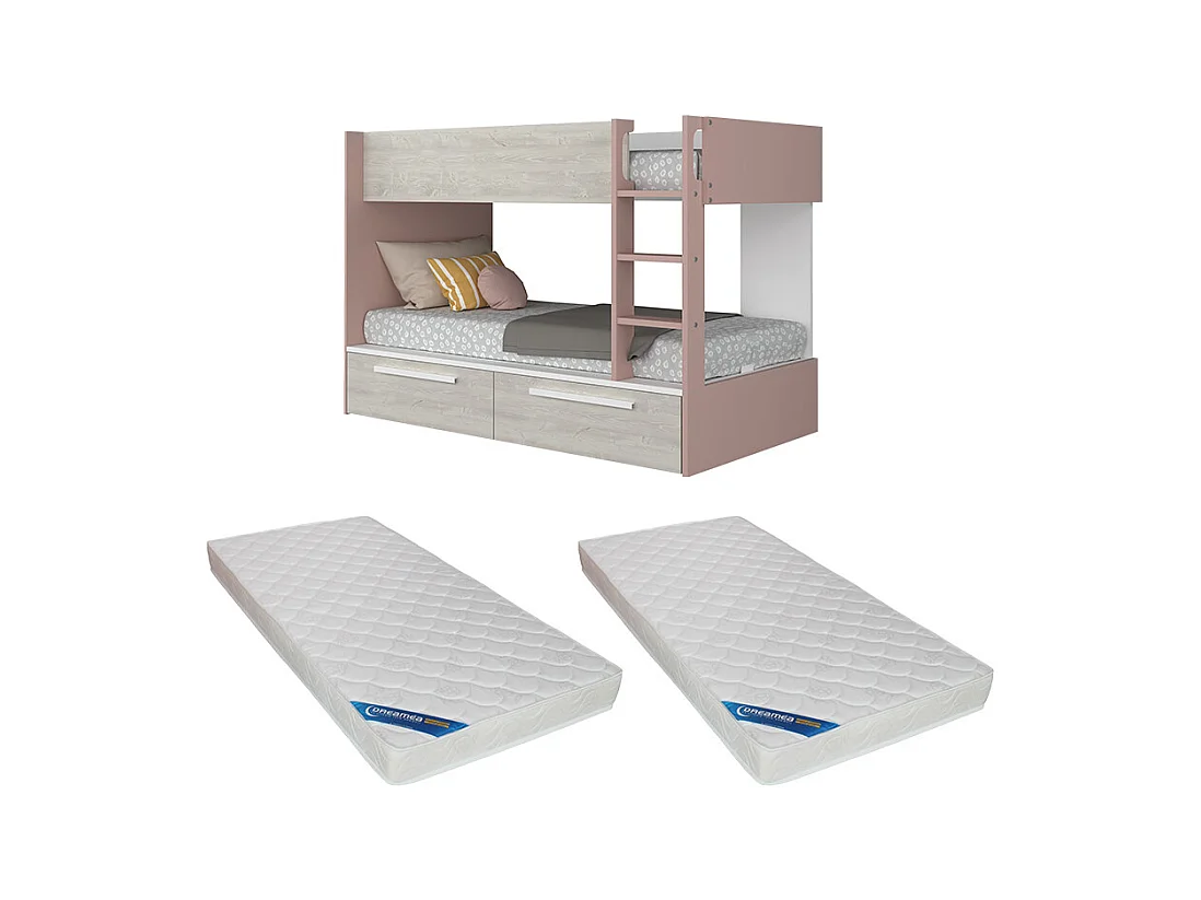 Køyeseng 2 x 90 x 200 cm - 2 skuffer - Rosa, naturlig og hvit + Madrass - TINOLI