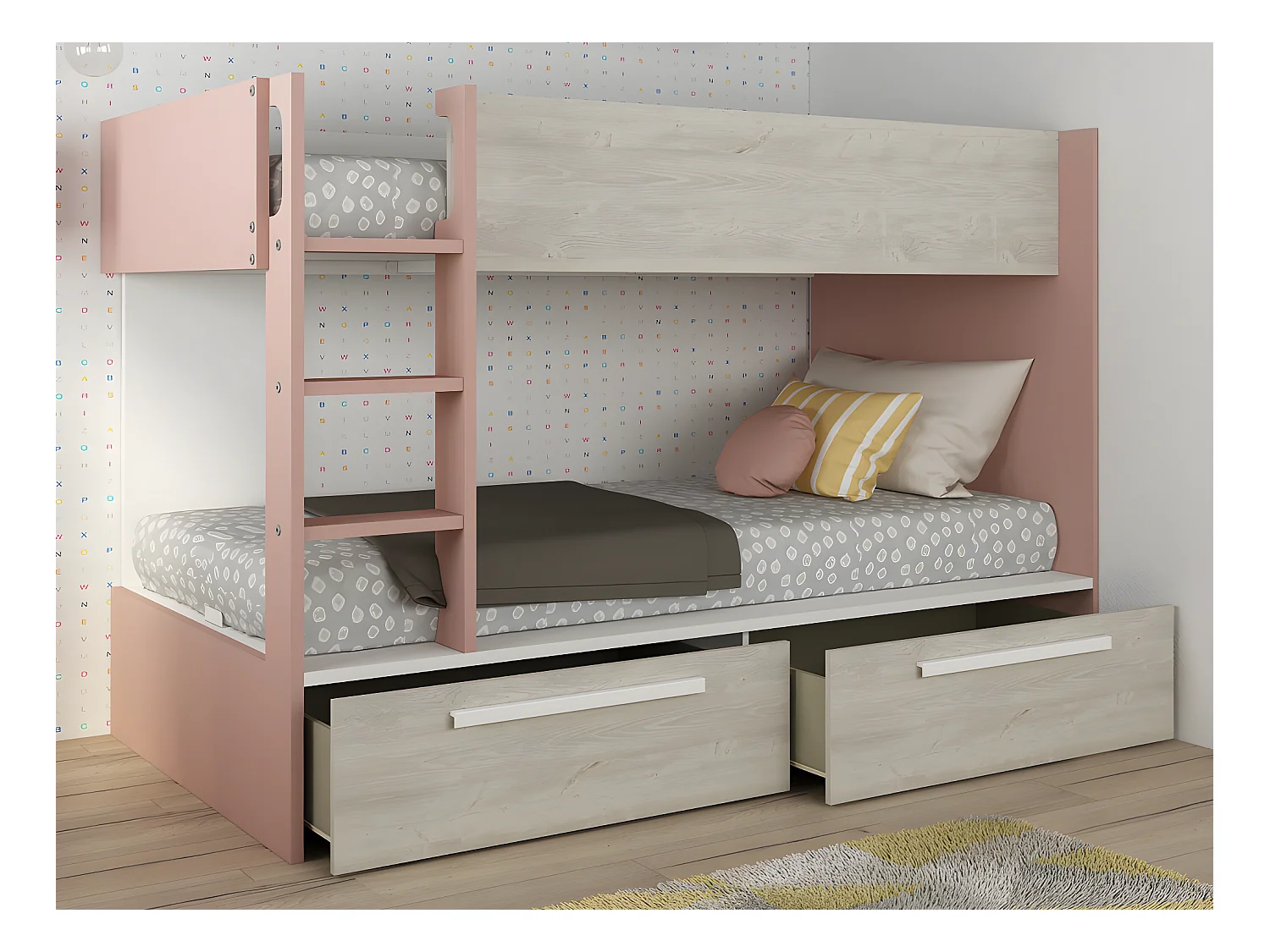 Køyeseng 2 x 90 x 200 cm - 2 skuffer - Rosa, naturlig og hvit + Madrass - TINOLI