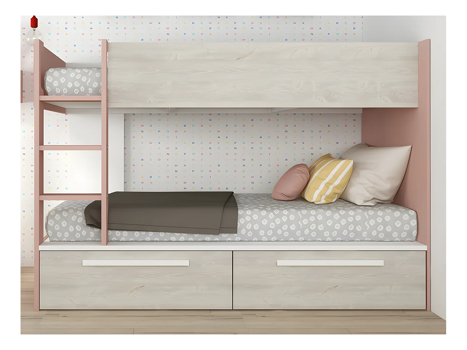 Køyeseng 2 x 90 x 200 cm - 2 skuffer - Rosa, naturlig og hvit + Madrass - TINOLI