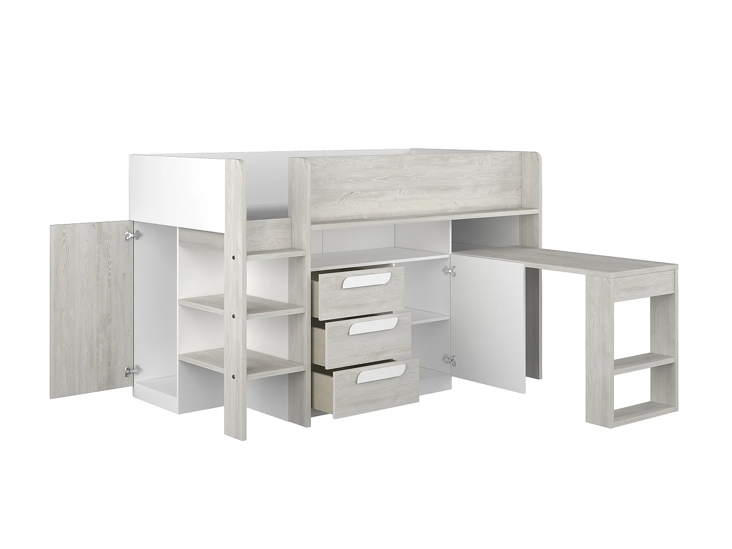 Letto combinato 90 x 200 cm Con scrivania e scomparti Bianco e Naturale + Materasso - LOUKALA