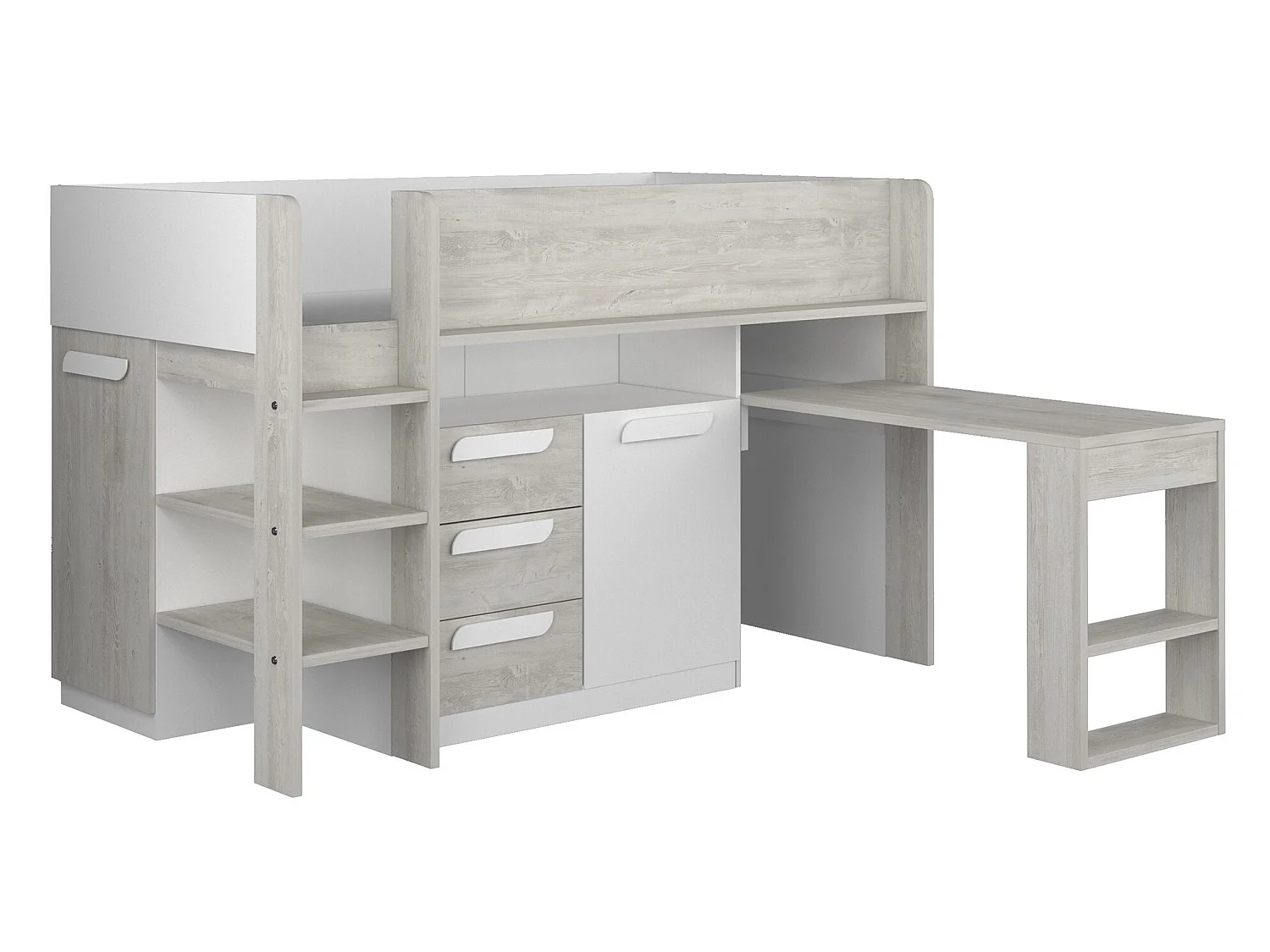 Letto combinato 90 x 200 cm Con scrivania e scomparti Bianco e Naturale + Materasso - LOUKALA