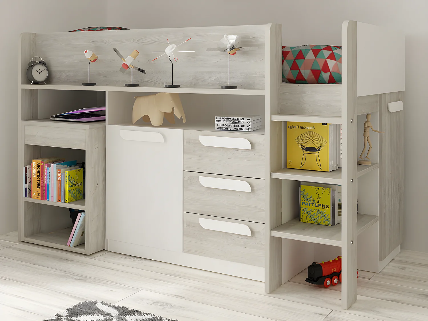 Letto combinato 90 x 200 cm Con scrivania e scomparti Bianco e Naturale + Materasso - LOUKALA