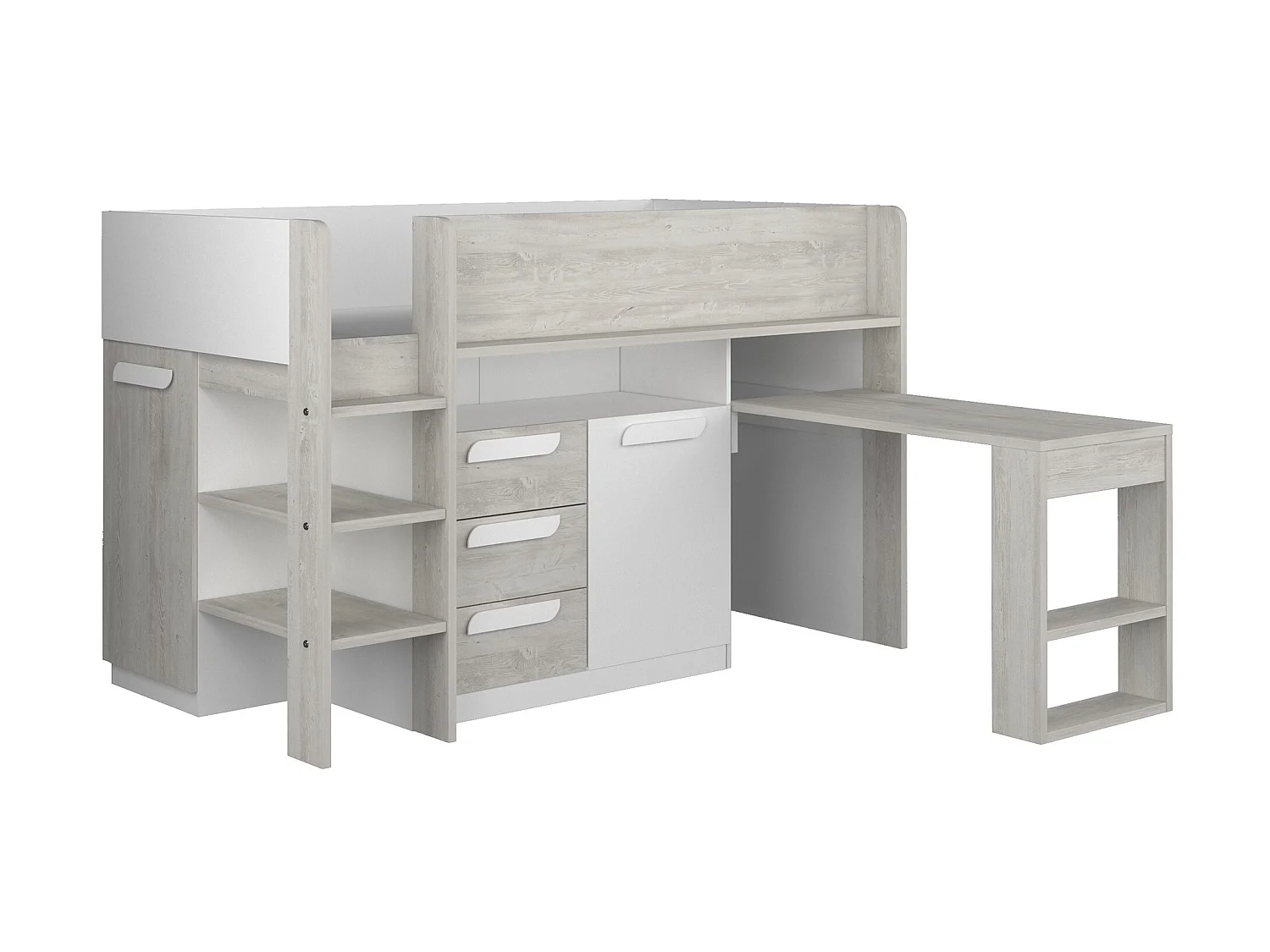 Lit combiné 90 x 200 cm - Avec bureau et rangements - Blanc et naturel + Matelas - LOUKALA