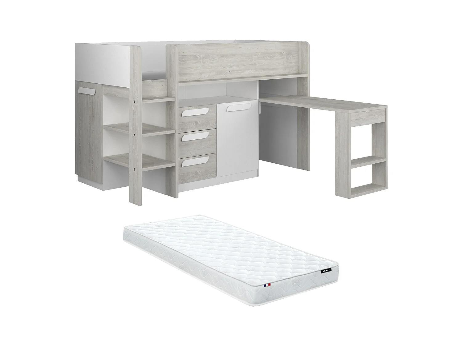 Cama combinada 90 x 200 cm com secretária e espaços de arrumação, branco e natural + colchão - LOUKALA