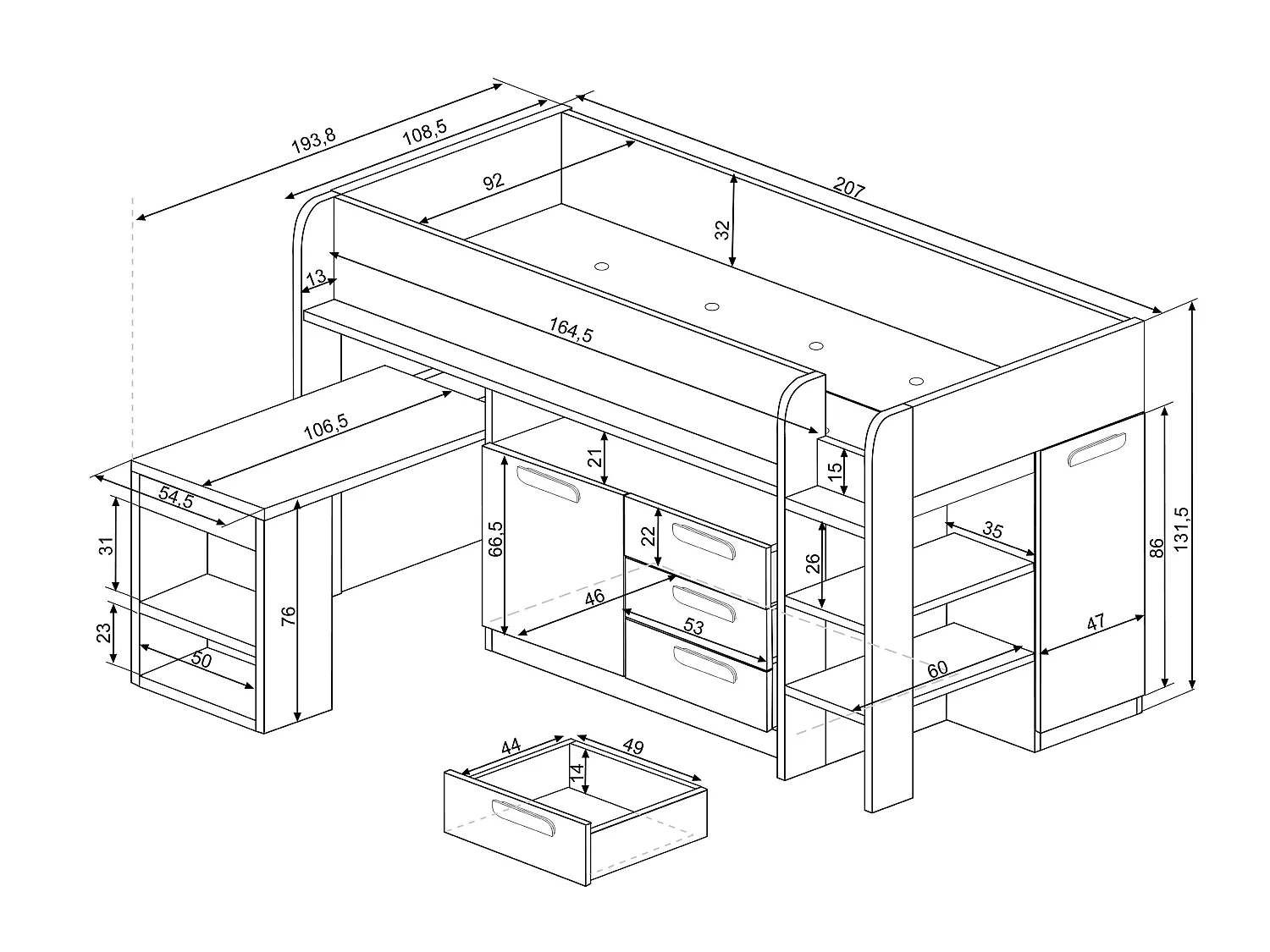 Cama combinada 90 x 200 cm com secretária e espaços de arrumação, branco e natural + colchão - LOUKALA