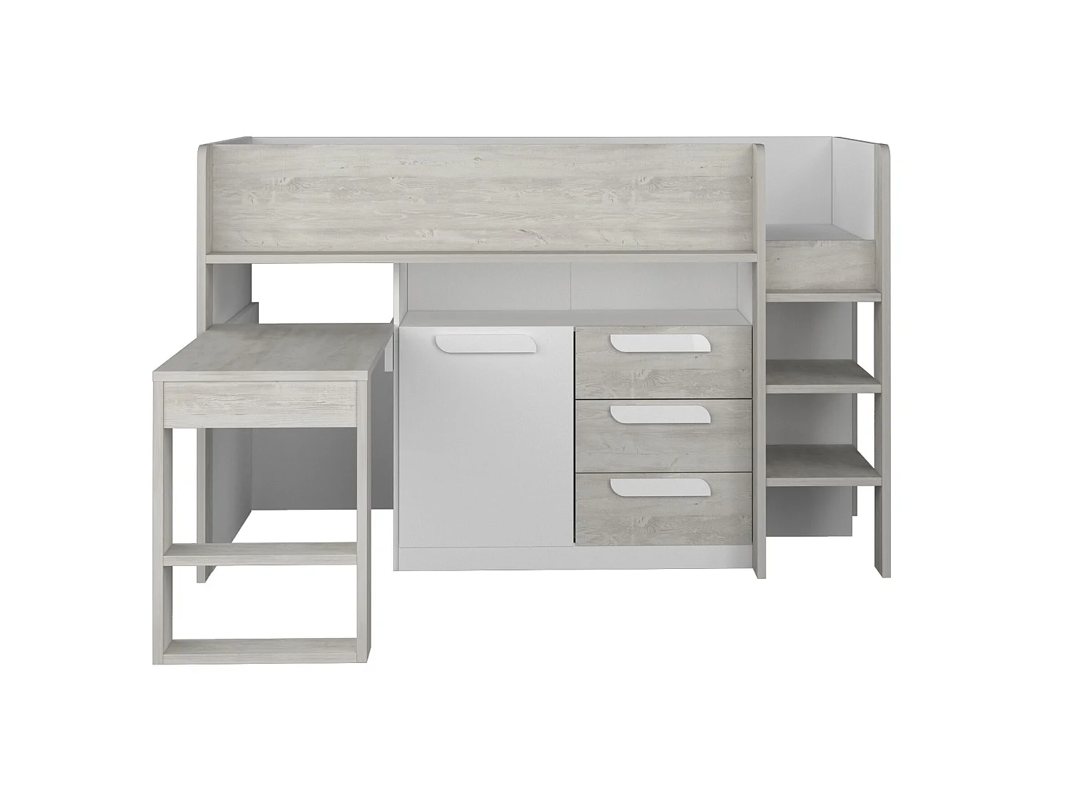 Cama combinada 90 x 200 cm com secretária e espaços de arrumação, branco e natural + colchão - LOUKALA