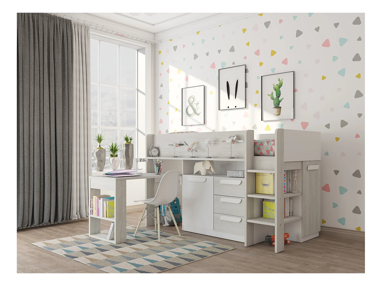 Cama combinada 90 x 200 cm com secretária e espaços de arrumação, branco e natural + colchão - LOUKALA