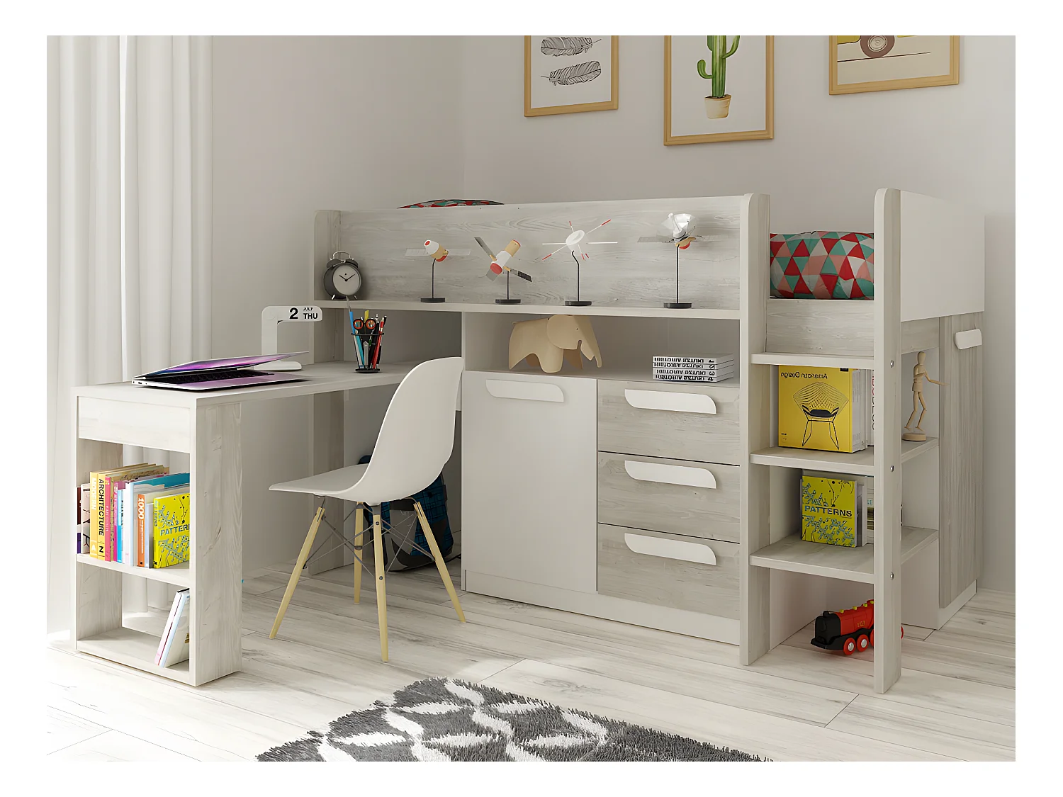 Cama combinada 90 x 200 cm com secretária e espaços de arrumação, branco e natural + colchão - LOUKALA