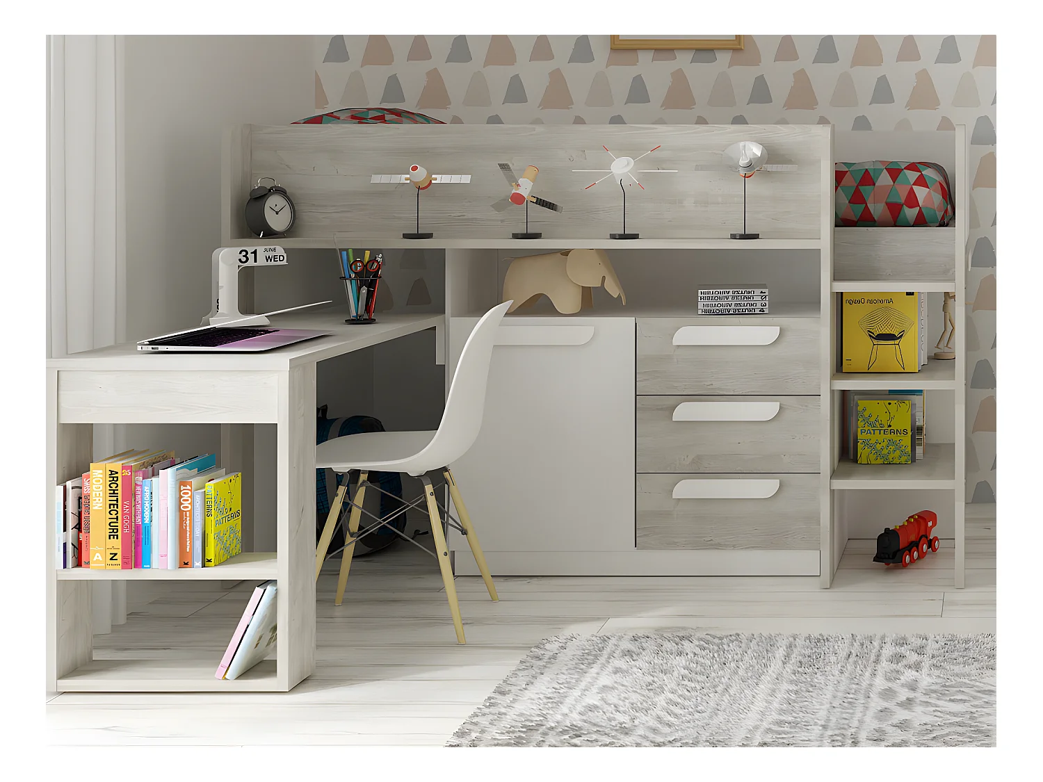 Cama combinada 90 x 200 cm com secretária e espaços de arrumação, branco e natural + colchão - LOUKALA