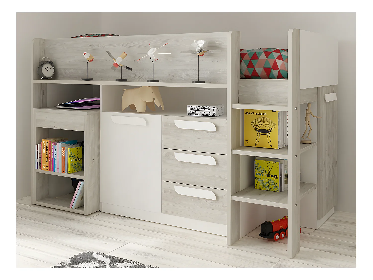 Cama combinada 90 x 200 cm com secretária e espaços de arrumação, branco e natural + colchão - LOUKALA