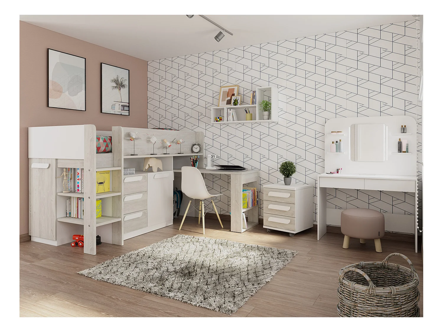 Cama combinada 90 x 200 cm com secretária e espaços de arrumação, branco e natural + colchão - LOUKALA