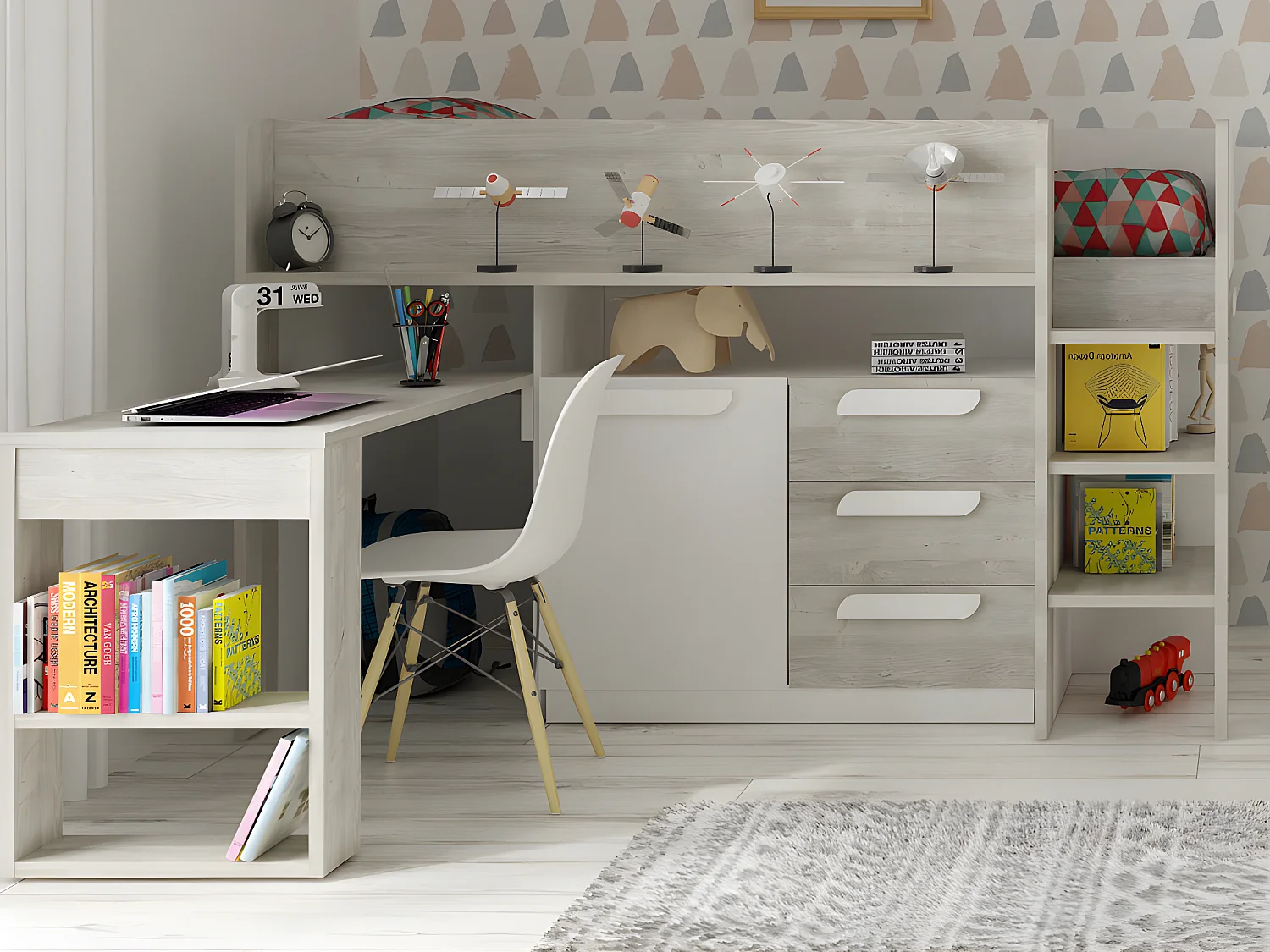 Letto combinato 90 x 200 cm Con scrivania e scomparti Bianco e Naturale + Materasso - LOUKALA