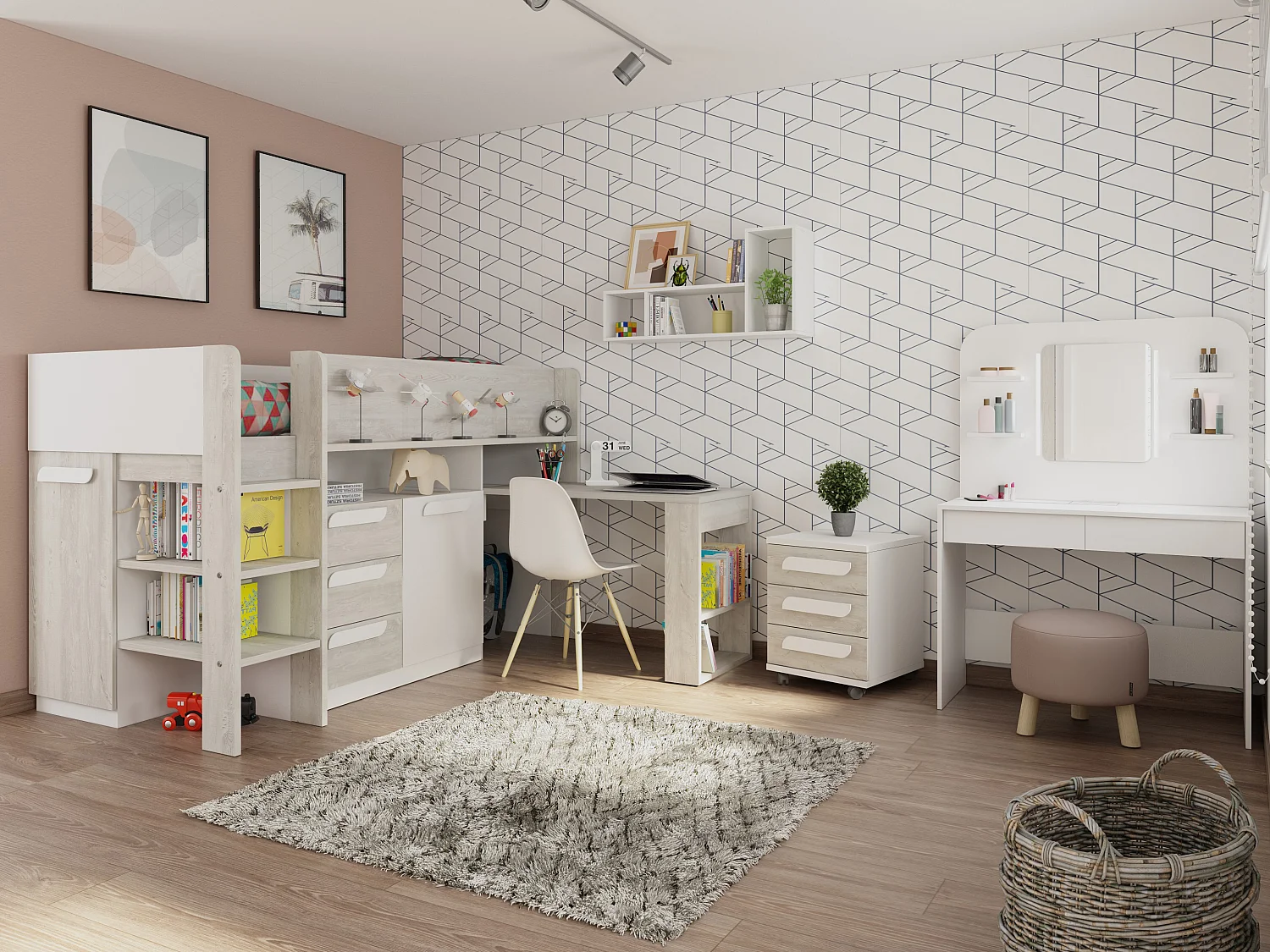 Letto combinato 90 x 200 cm Con scrivania e scomparti Bianco e Naturale + Materasso - LOUKALA