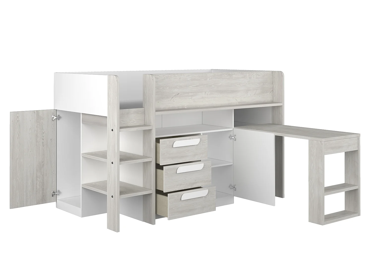 Letto combinato 90 x 200 cm Con scrivania e scomparti Bianco e Naturale + Materasso - LOUKALA