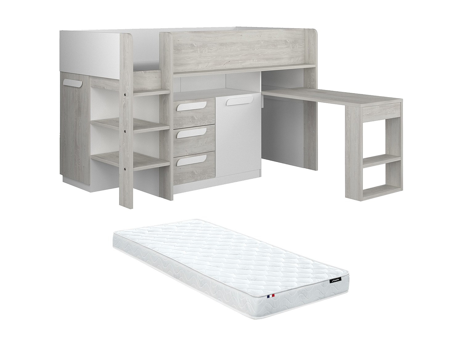 Kombibett mit Matratze - 90 x 200 cm - Mit Schreibtisch & Stauraum - Weiß, günstig online kaufen