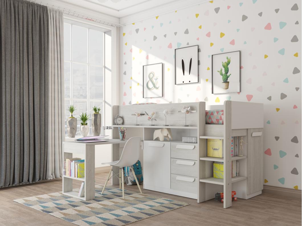 Kombibett mit Matratze - 90 x 200 cm - Mit Schreibtisch & Stauraum - Weiß, Holzfarben & Weiß - LOUKALA
