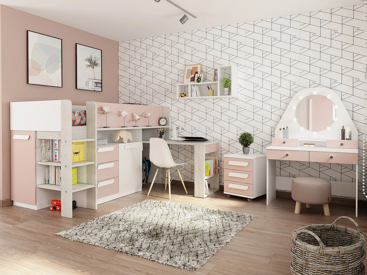 Lit combiné 90 x 200 cm - Avec bureau et rangements - Rose, naturel et blanc + Matelas - LOUKALA