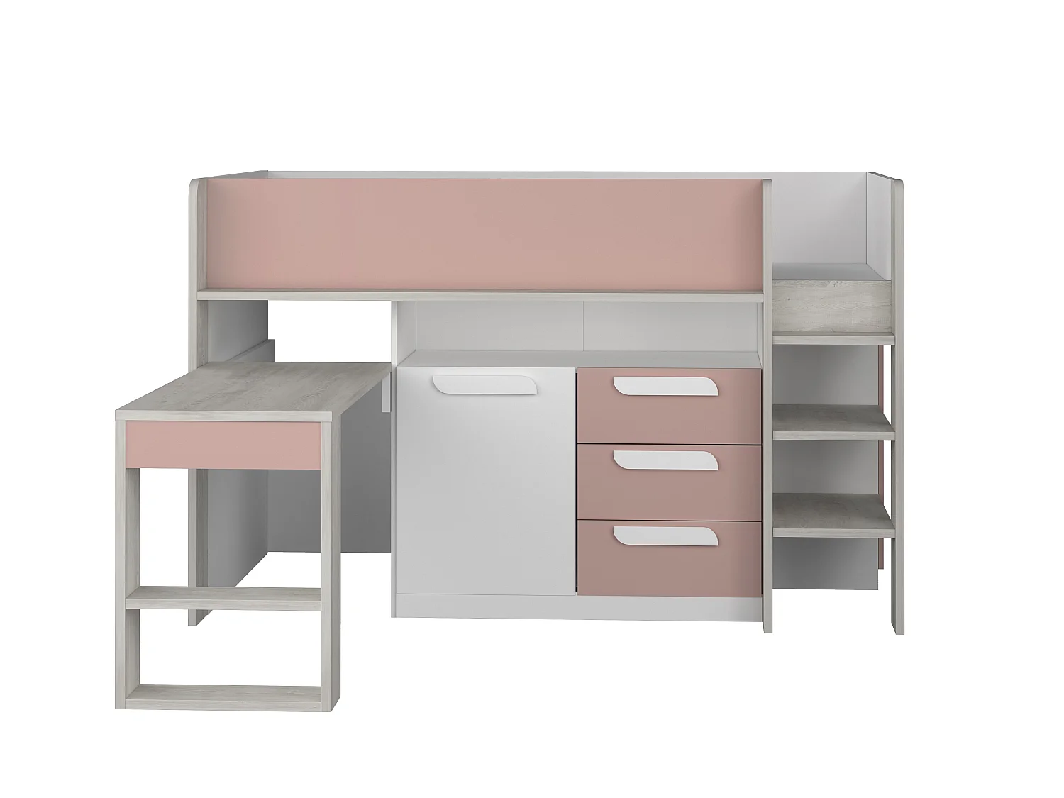 Lit combiné 90 x 200 cm - Avec bureau et rangements - Rose, naturel et blanc + Matelas - LOUKALA