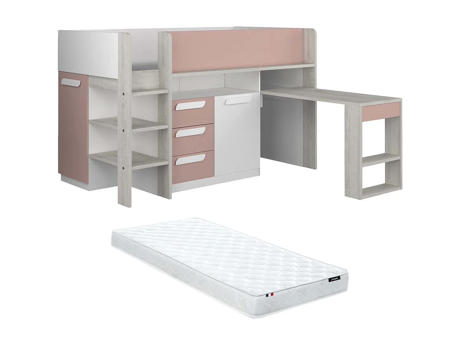 Lit combiné 90 x 200 cm - Avec bureau et rangements - Rose, naturel et blanc + Matelas - LOUKALA