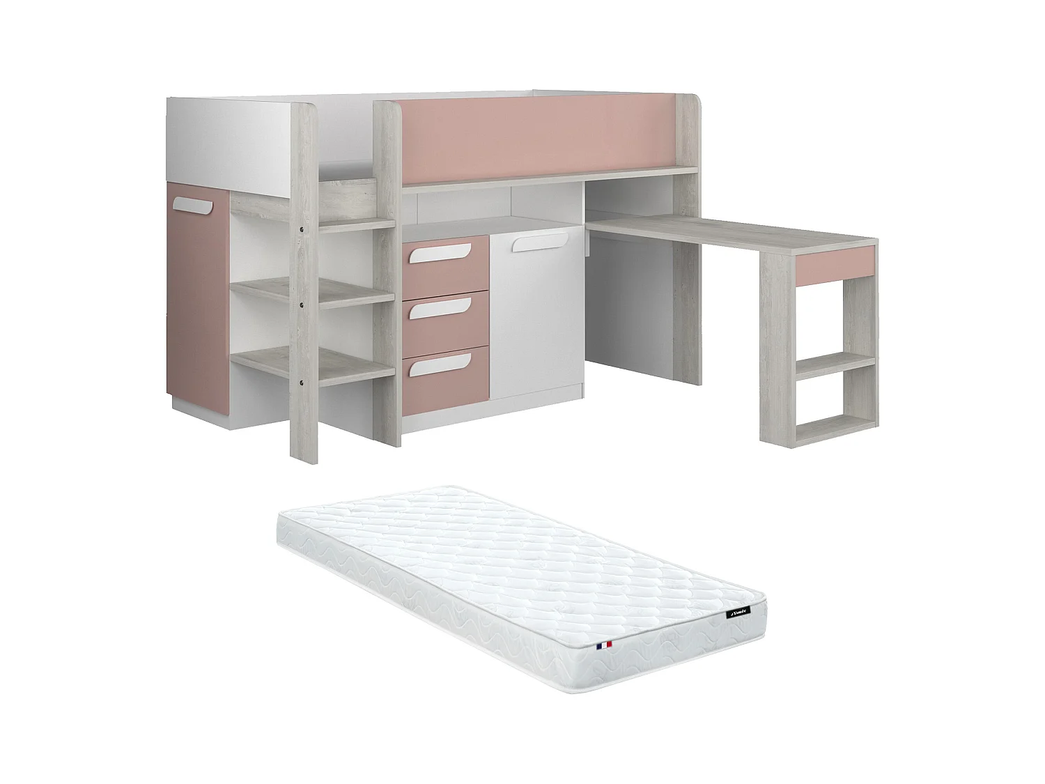 Lit combiné 90 x 200 cm - Avec bureau et rangements - Rose, naturel et blanc + Matelas - LOUKALA