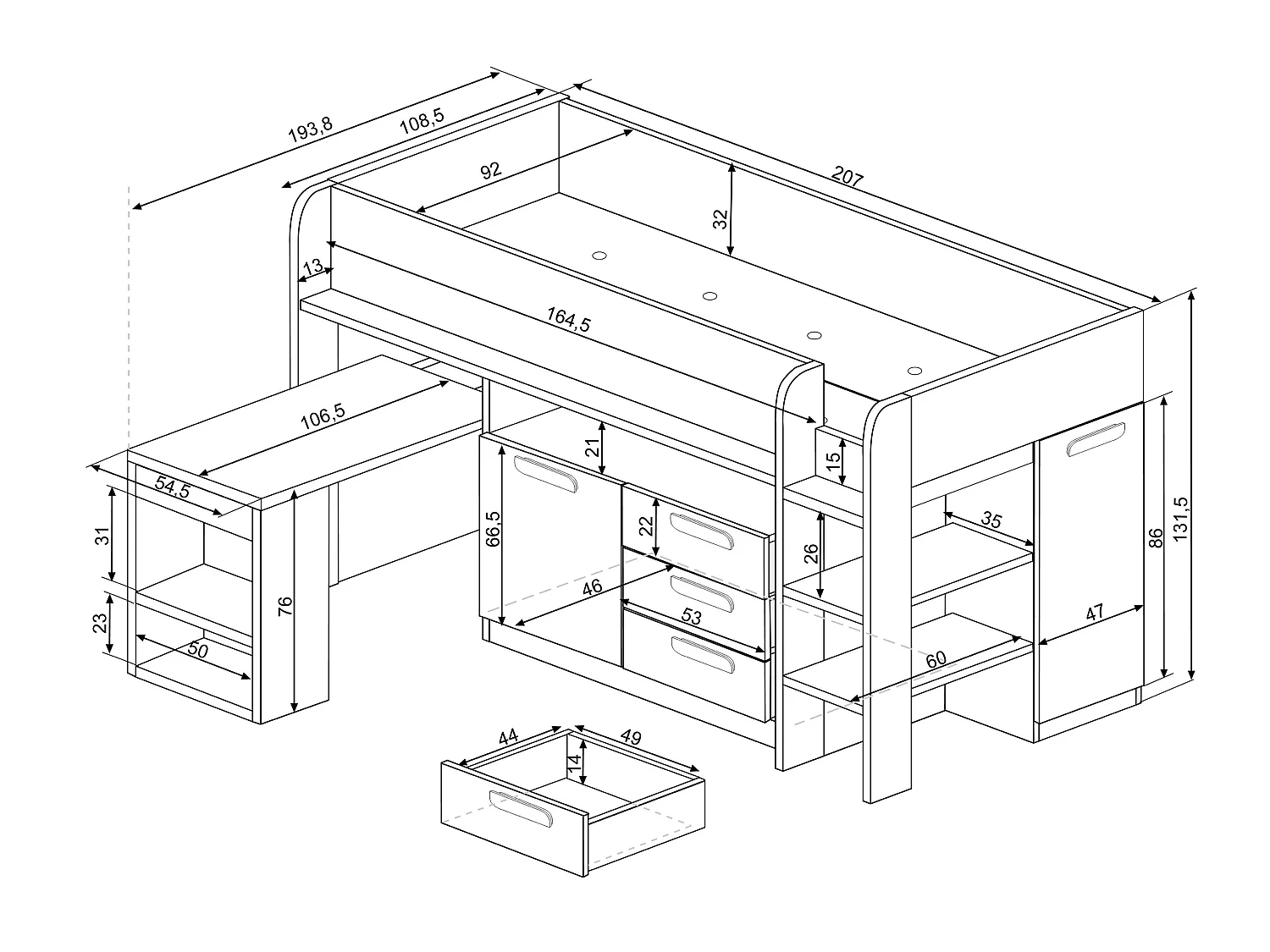 Lit combiné 90 x 200 cm - Avec bureau et rangements - Rose, naturel et blanc + Matelas - LOUKALA