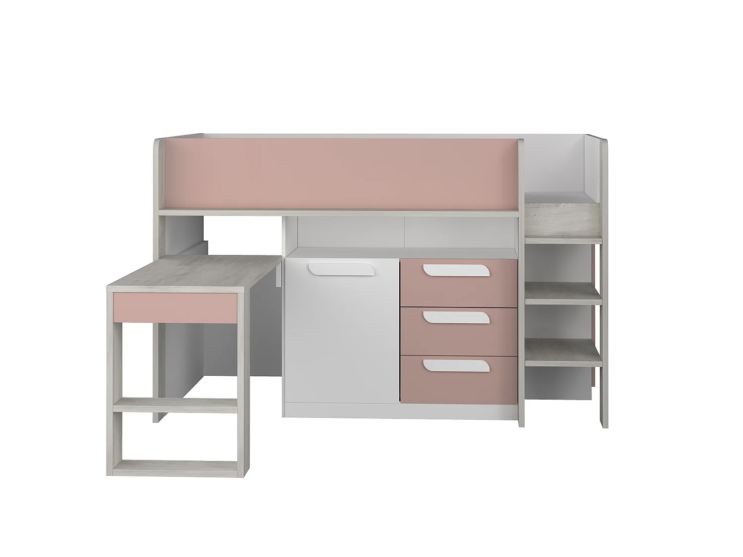 Cama 90 x 200 cm - Con escritorio y compartimentos - Rosa, natural y blanco + colchón - LOUKALA