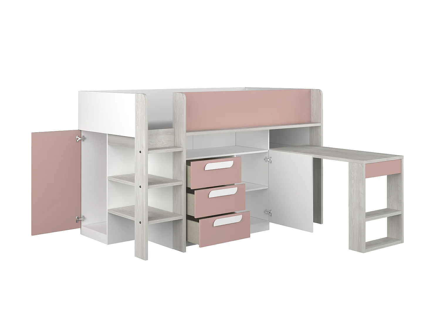 Lit combiné 90 x 200 cm - Avec bureau et rangements - Rose, naturel et blanc + Matelas - LOUKALA