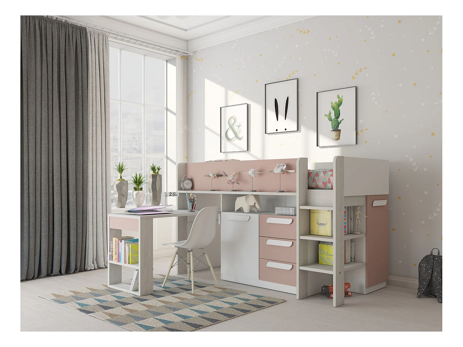 Lit combiné 90 x 200 cm - Avec bureau et rangements - Rose, naturel et blanc + Matelas - LOUKALA