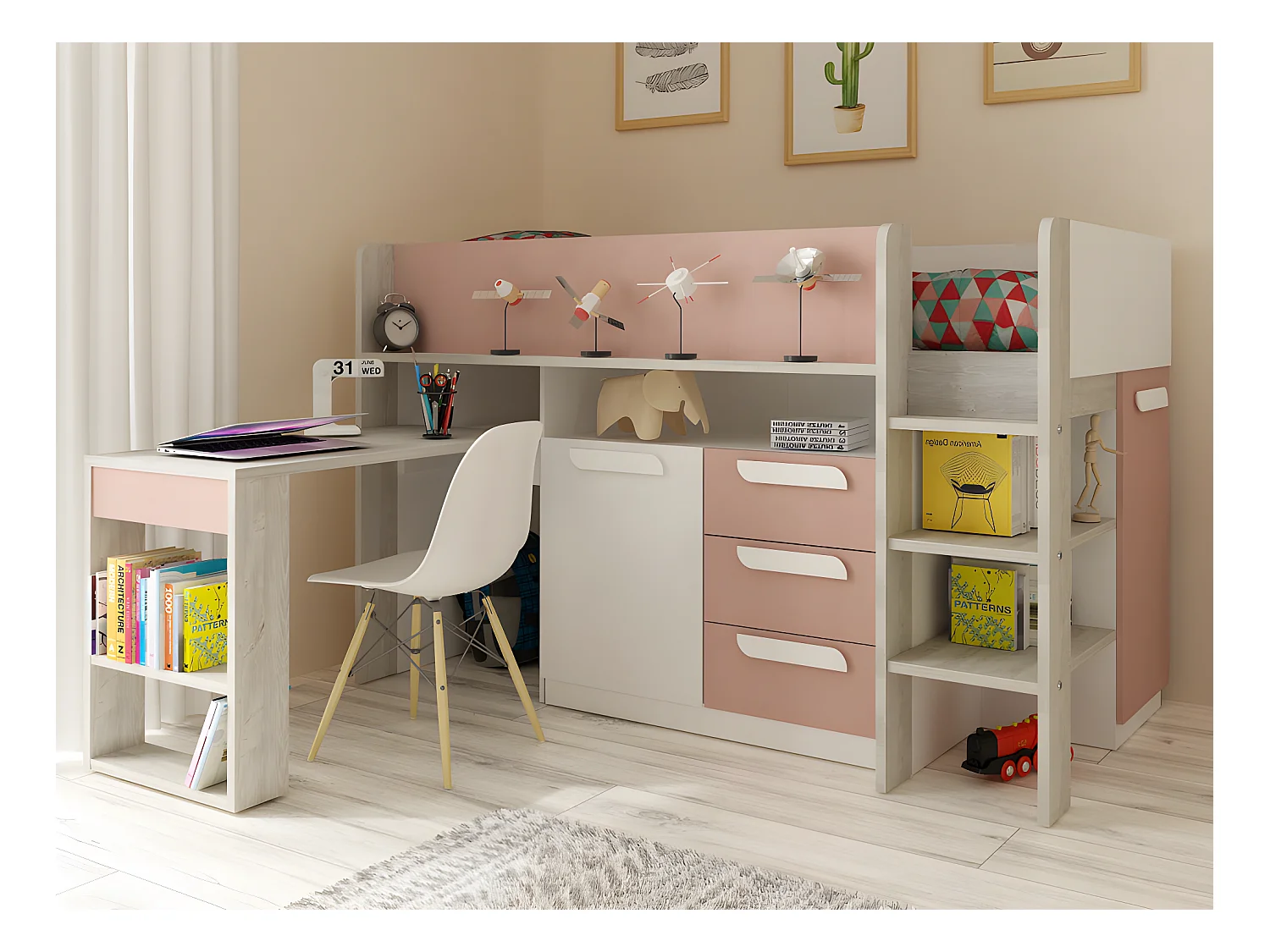 Lit combiné 90 x 200 cm - Avec bureau et rangements - Rose, naturel et blanc + Matelas - LOUKALA