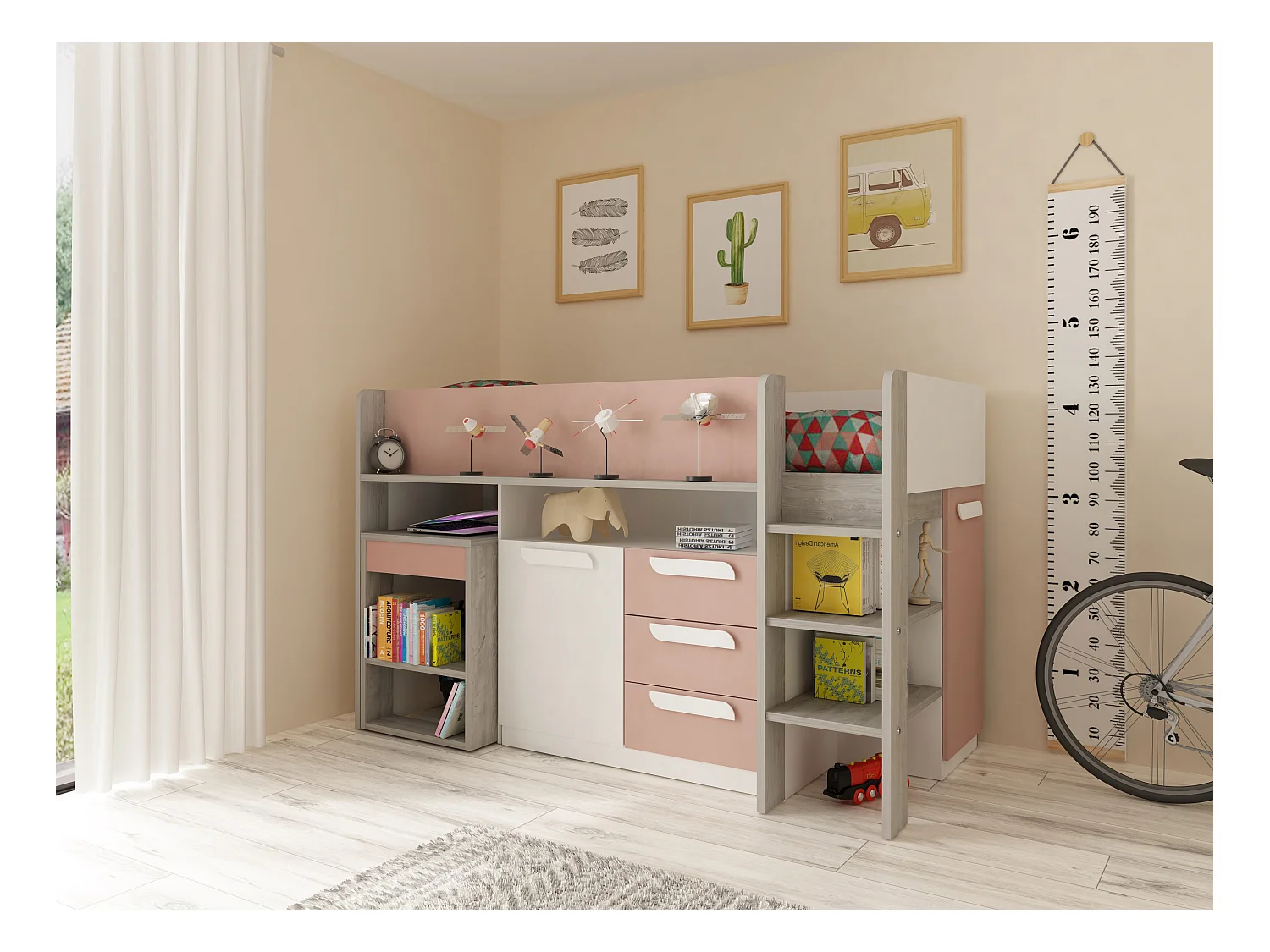 Lit combiné 90 x 200 cm - Avec bureau et rangements - Rose, naturel et blanc + Matelas - LOUKALA