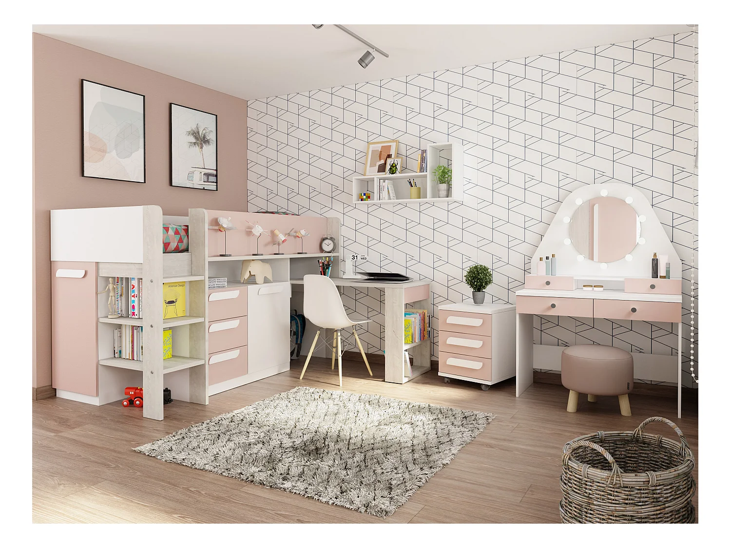 Lit combiné 90 x 200 cm - Avec bureau et rangements - Rose, naturel et blanc + Matelas - LOUKALA