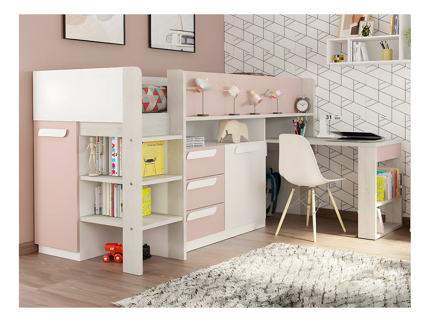 Lit combiné 90 x 200 cm - Avec bureau et rangements - Rose, naturel et blanc + Matelas - LOUKALA