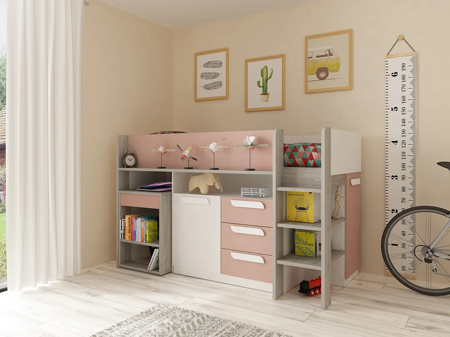 Lit combiné 90 x 200 cm - Avec bureau et rangements - Rose, naturel et blanc + Matelas - LOUKALA