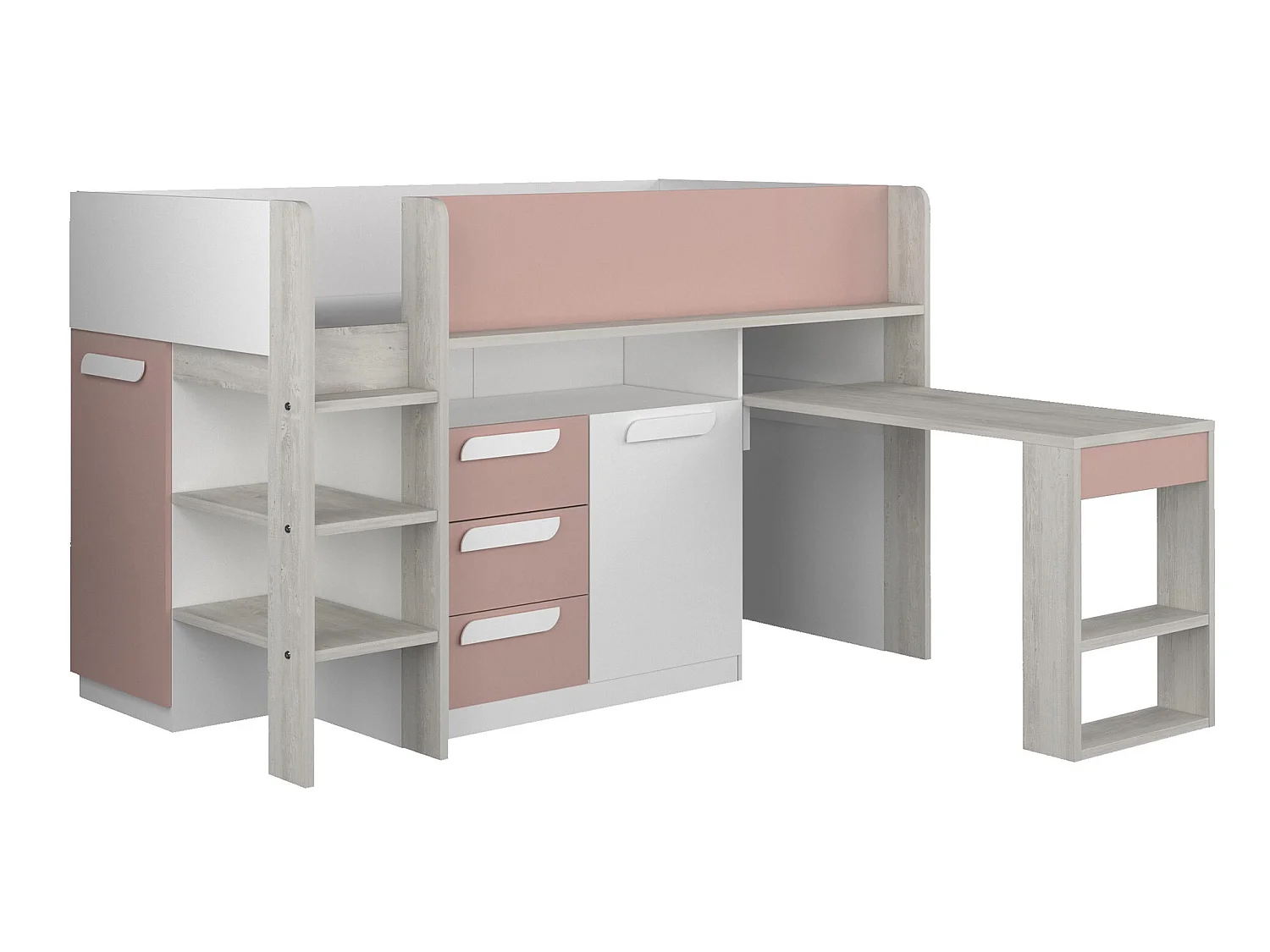 Lit combiné 90 x 200 cm - Avec bureau et rangements - Rose, naturel et blanc + Matelas - LOUKALA